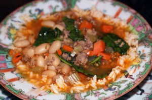 This version includes spinach added at the last minute of cooking; but that is NOT a good idea if you are going to freeze the leftovers...so I have deleted that from the recipe. Also...I had no Parmesan on hand, so there is no garnish...OOPS!